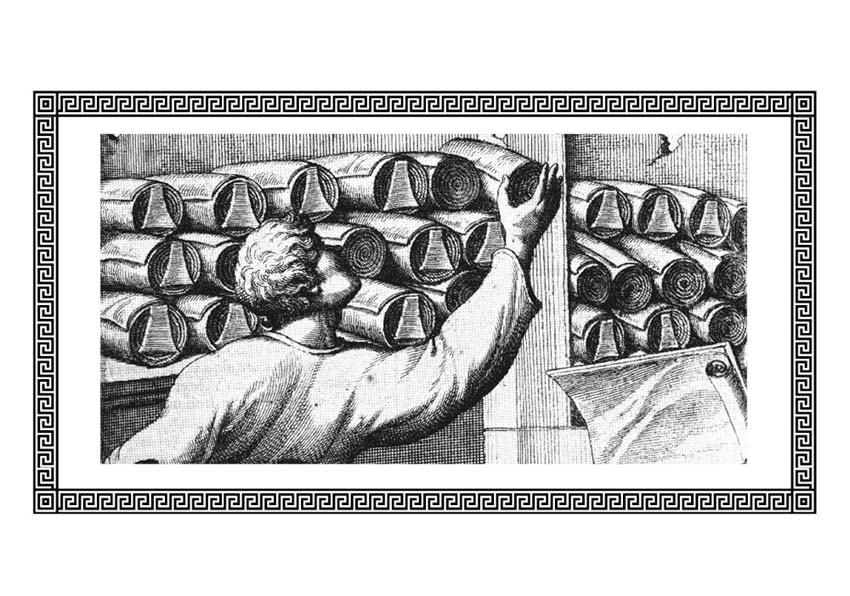 Drawing of a man picking up a scroll
